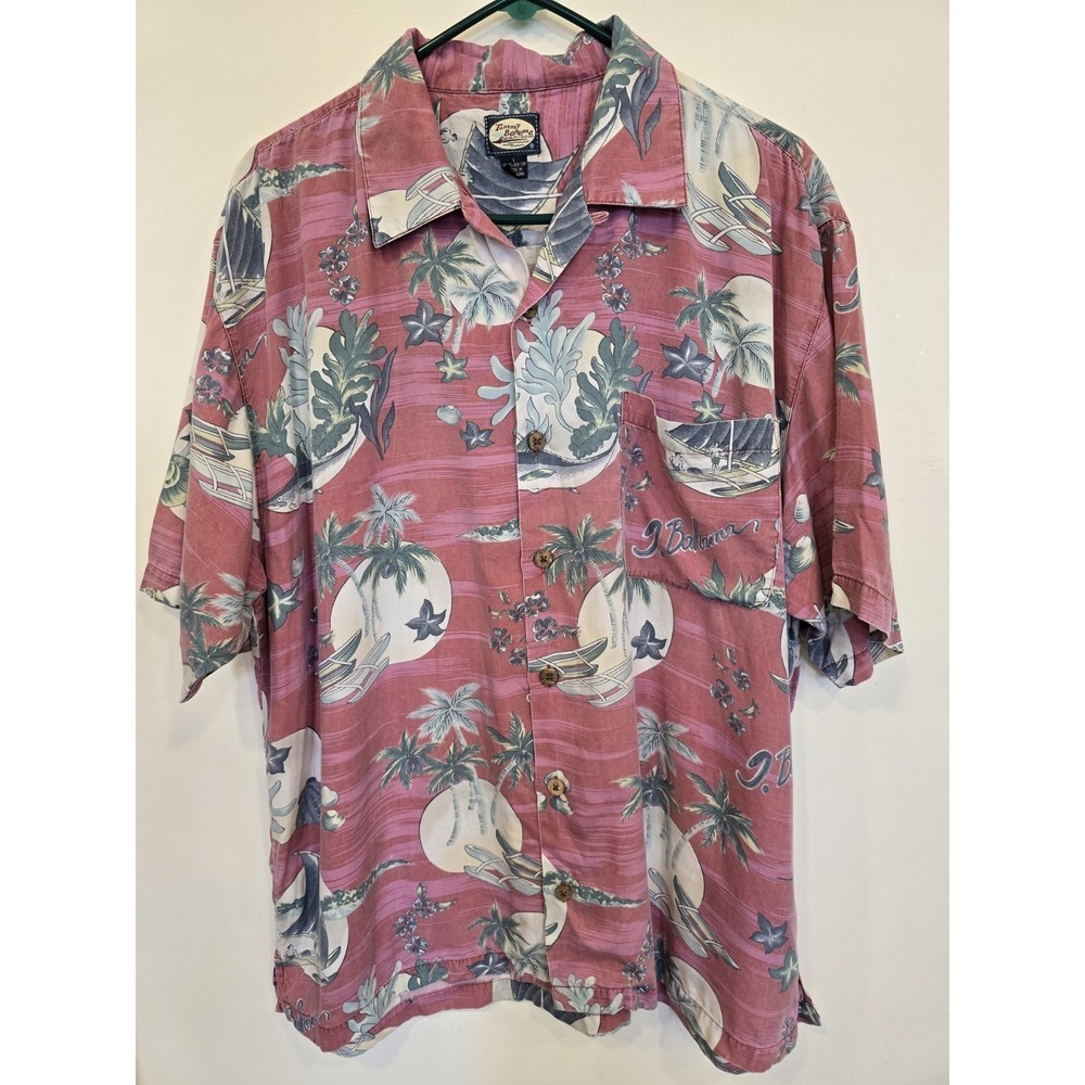 Tommy Bahama Large Pink Tropical Hawaiian Shirt Palm Tree Surf Print Camp Collar